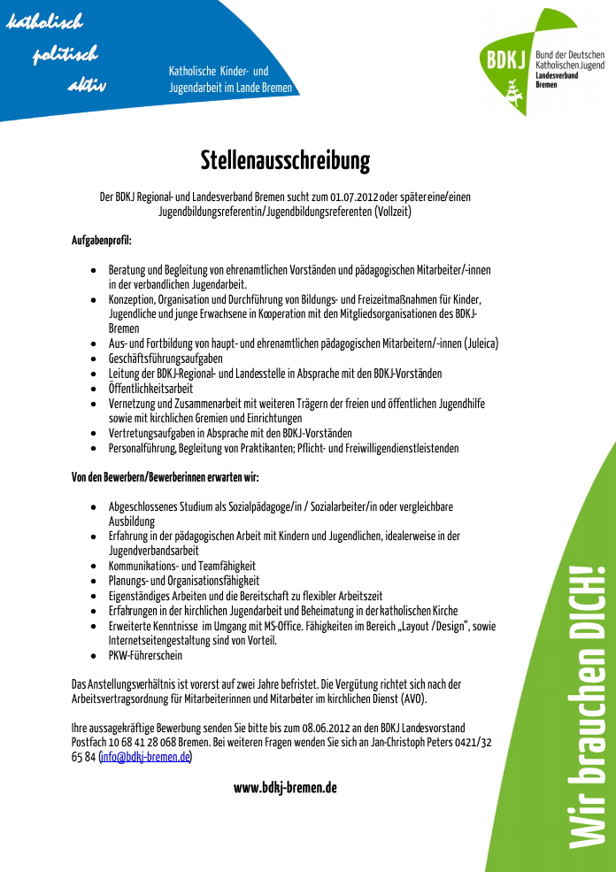 Stellenausschreibung BDKJ Landesverband Bremen