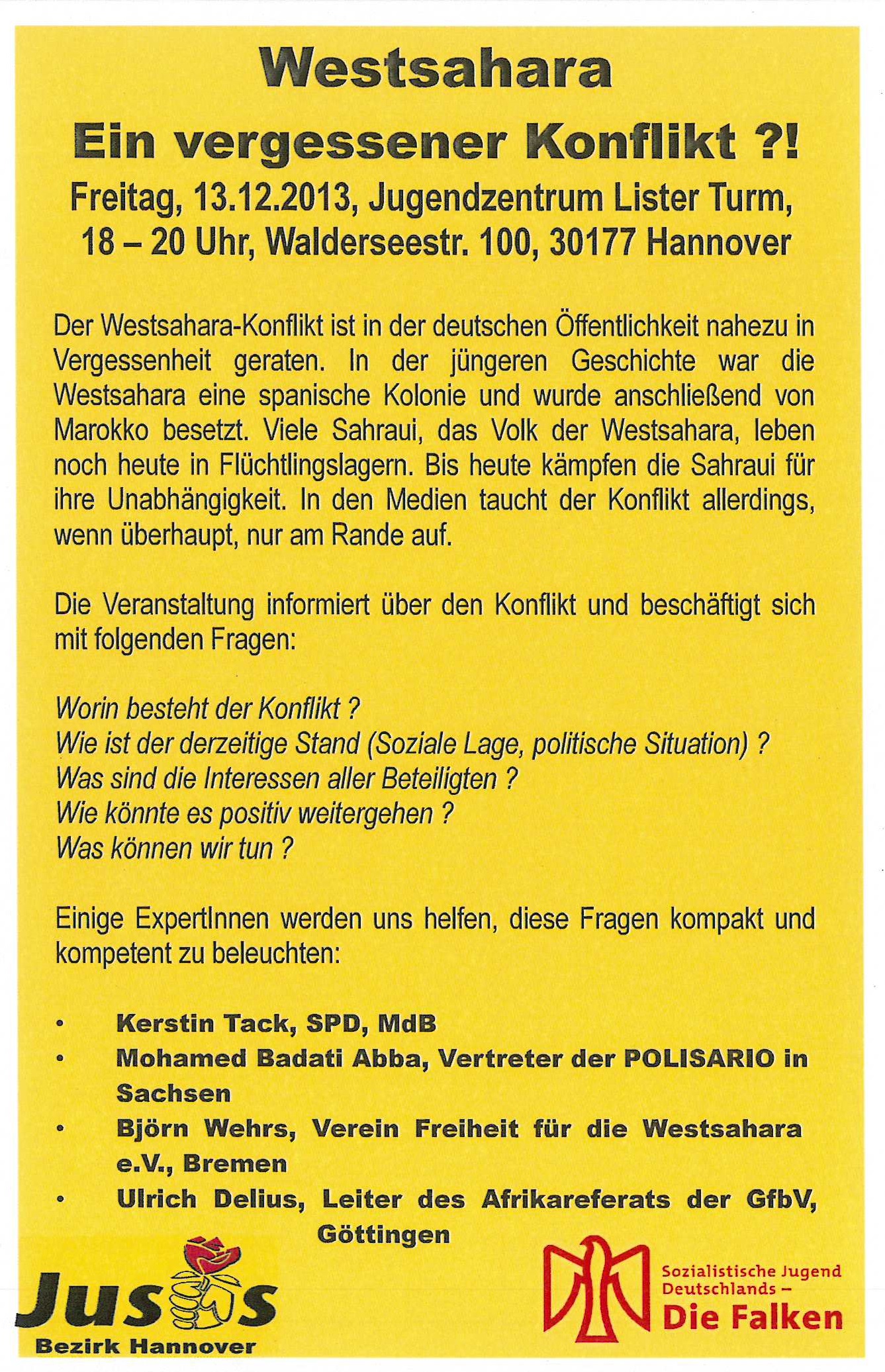Westsahara – ein vergessener Konflikt?! Am 13.12.13 im Jugendzentrum Lister Tur